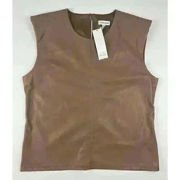 Calvin Klein Women's L Sleeveless Faux Leather Top In UFU/Cafe Ole NWT $79.50 - Picture 2 of 4